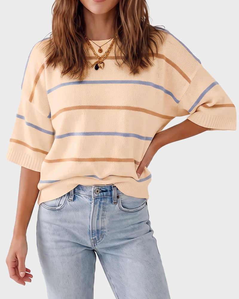 Relaxed Striped Crewneck Short-Sleeve Knit Pullover