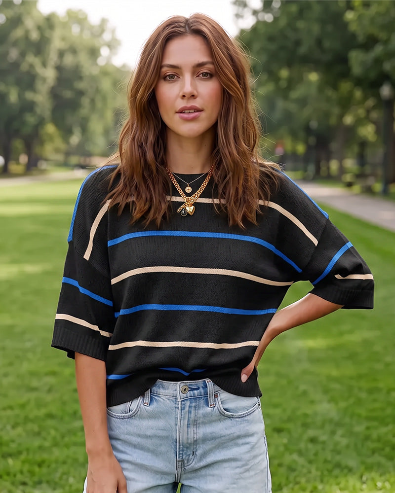 Relaxed Striped Crewneck Short-Sleeve Knit Pullover