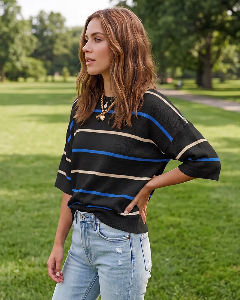 Relaxed Striped Crewneck Short-Sleeve Knit Pullover