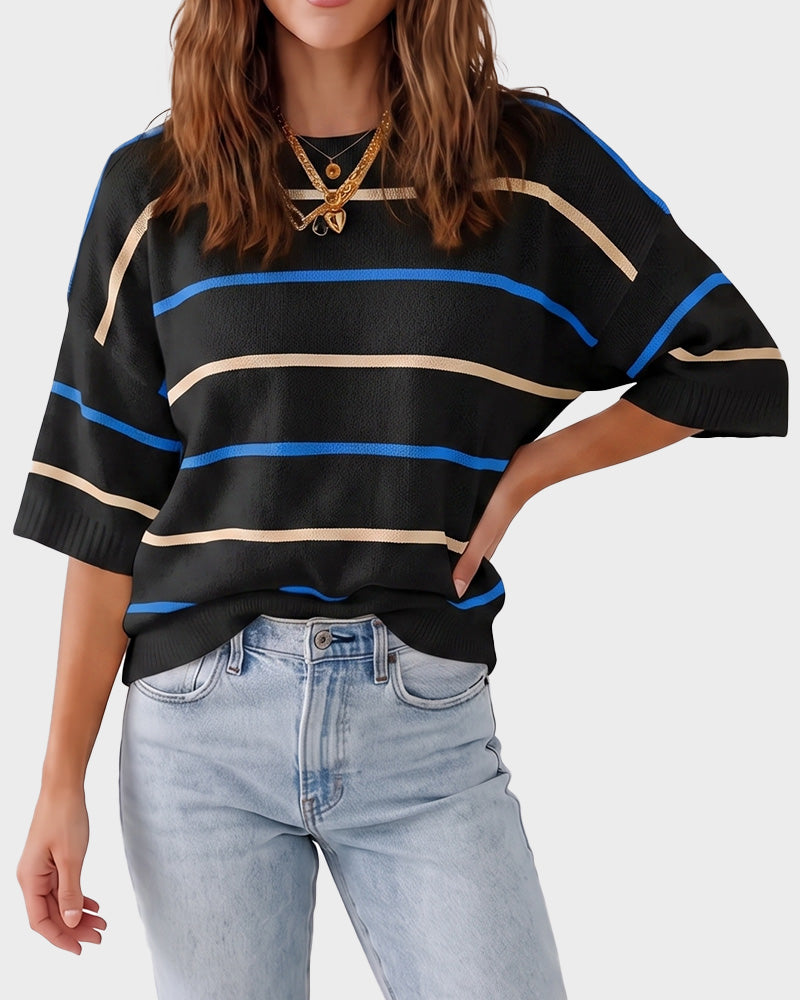 Relaxed Striped Crewneck Short-Sleeve Knit Pullover