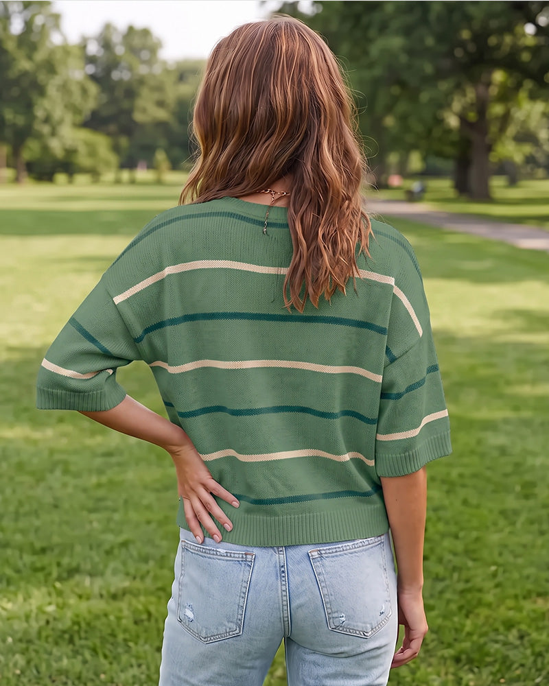 Relaxed Striped Crewneck Short-Sleeve Knit Pullover