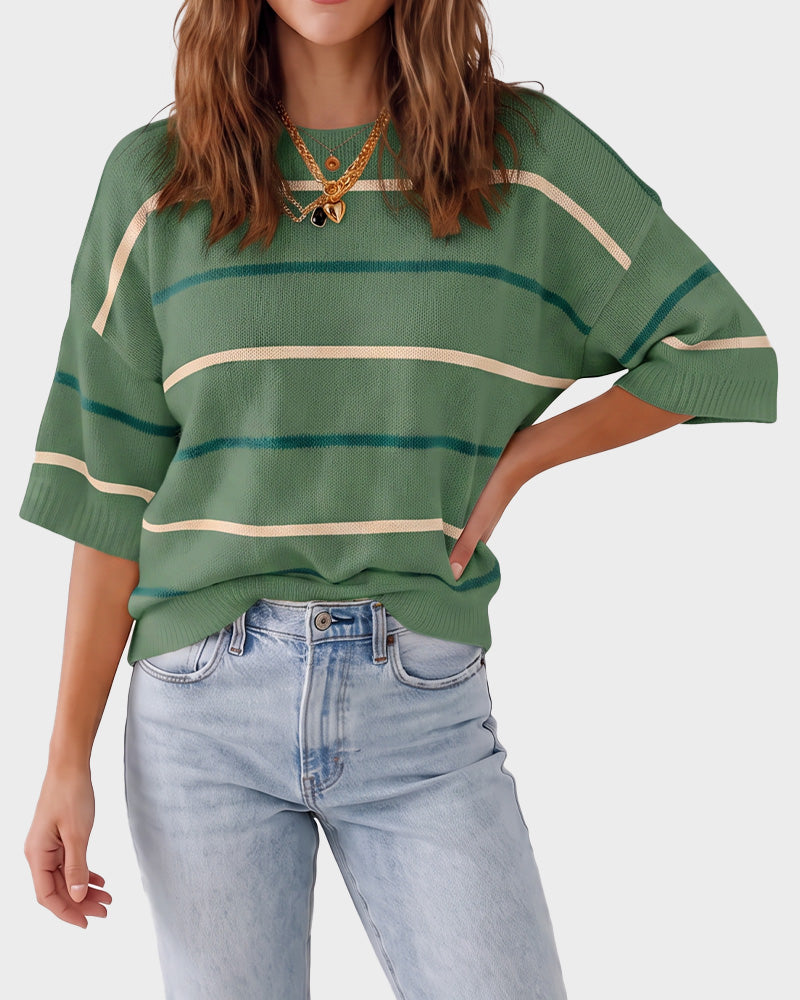 Relaxed Striped Crewneck Short-Sleeve Knit Pullover