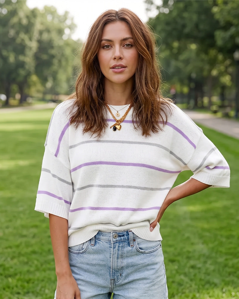 Relaxed Striped Crewneck Short-Sleeve Knit Pullover