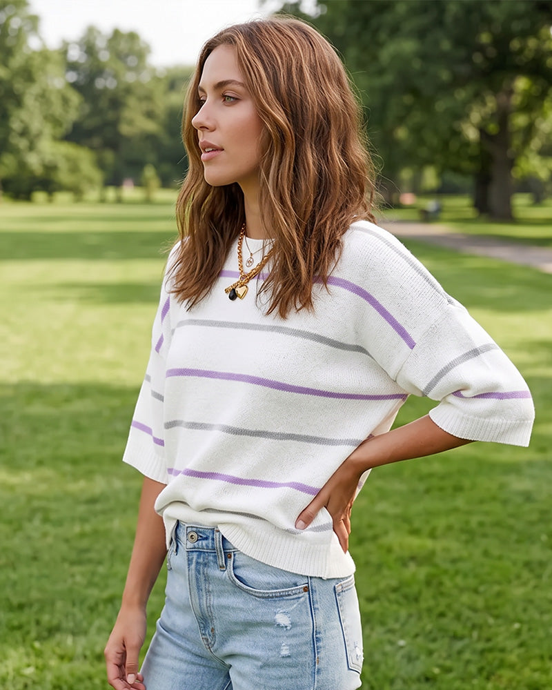 Relaxed Striped Crewneck Short-Sleeve Knit Pullover