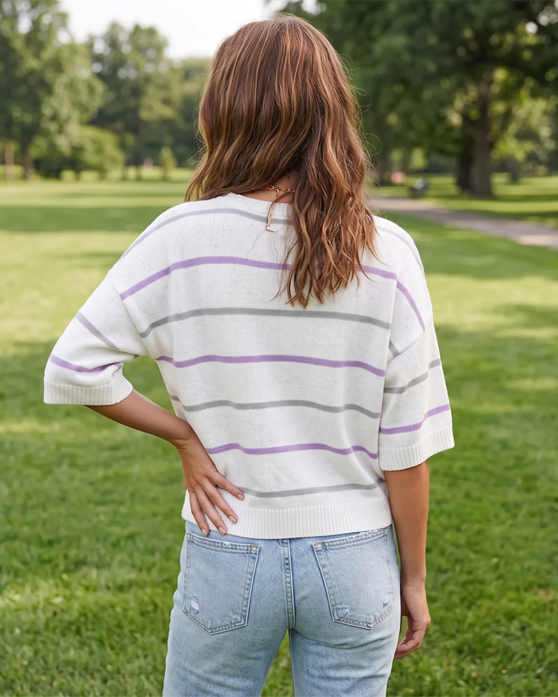 Relaxed Striped Crewneck Short-Sleeve Knit Pullover