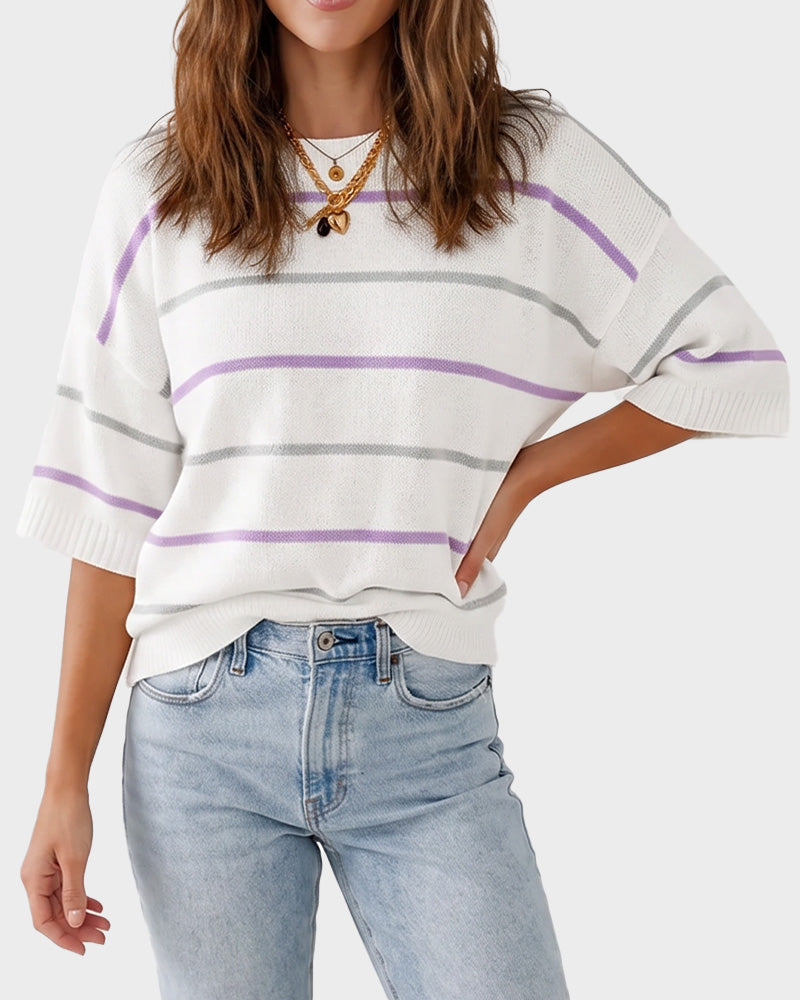 Relaxed Striped Crewneck Short-Sleeve Knit Pullover