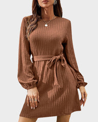Ribbed Knit Tie-Waist Lantern Sleeve Dress