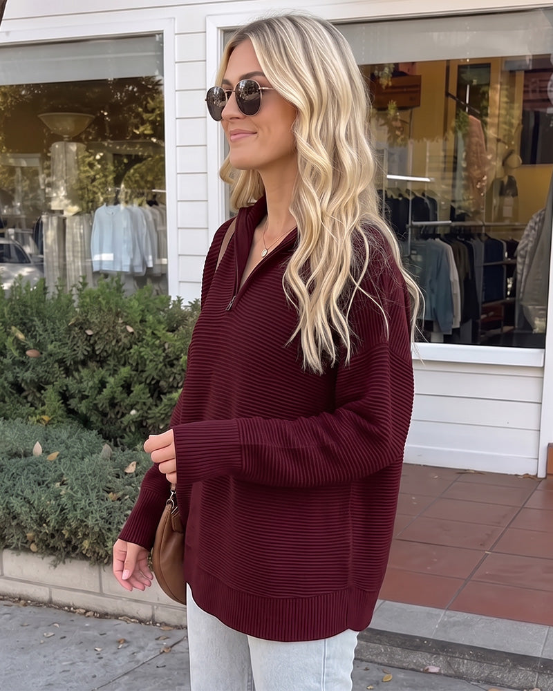 Ribbed Quarter-Zip Thumbhole Knit Pullover