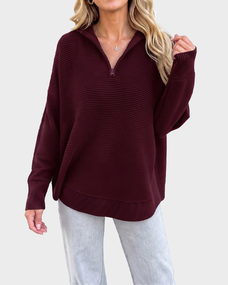 Ribbed Quarter-Zip Thumbhole Knit Pullover