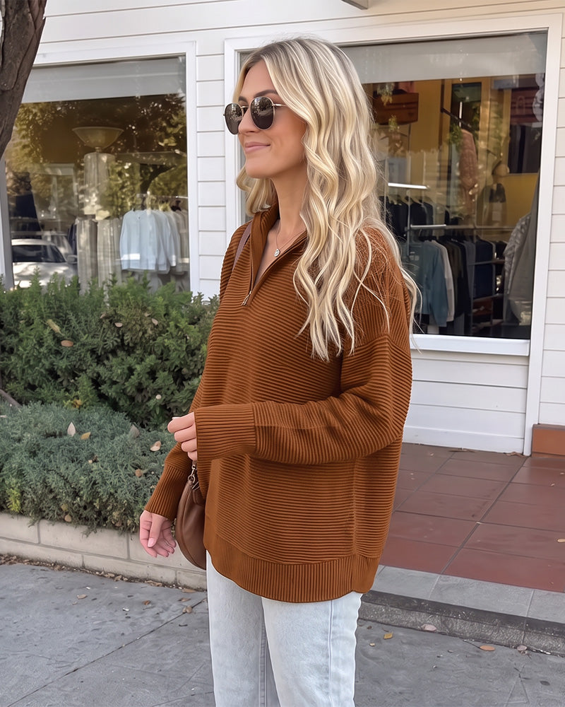 Ribbed Quarter-Zip Thumbhole Knit Pullover