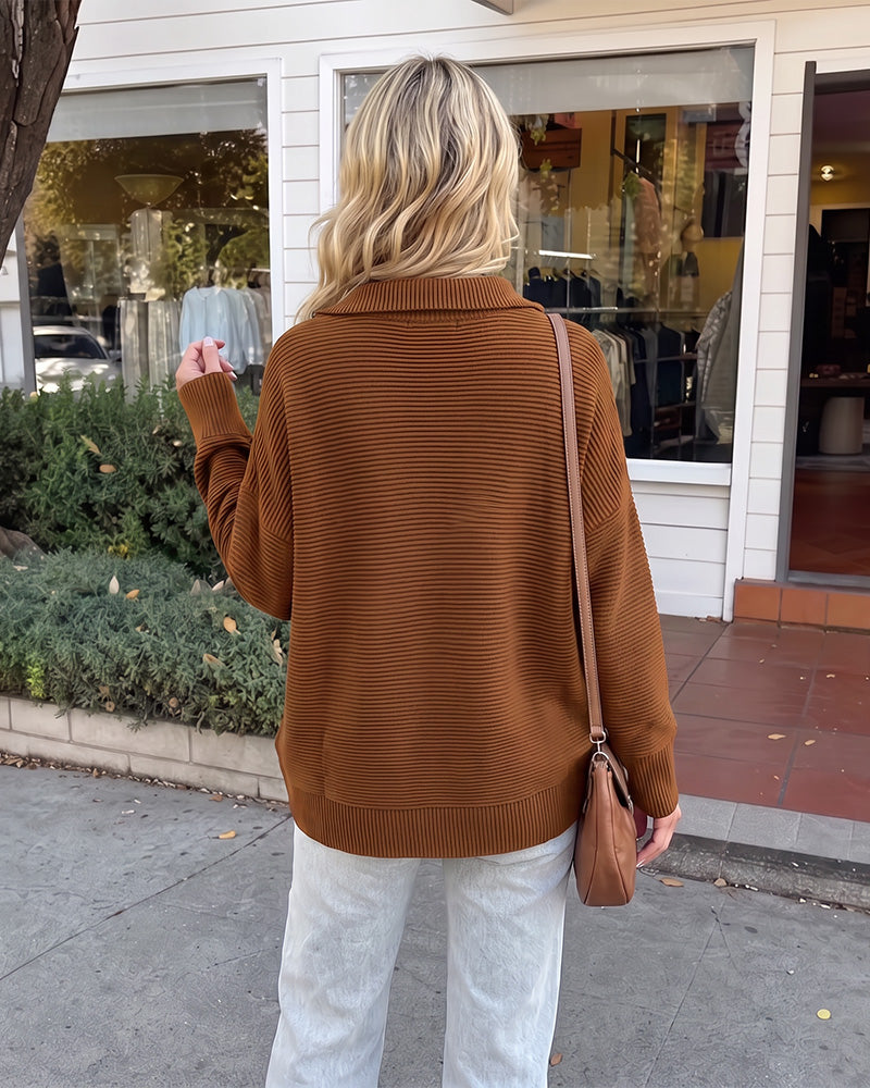 Ribbed Quarter-Zip Thumbhole Knit Pullover