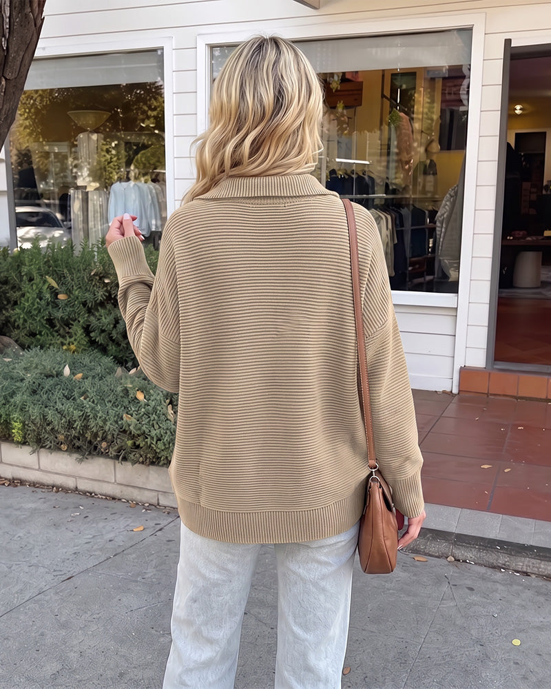 Ribbed Quarter-Zip Thumbhole Knit Pullover
