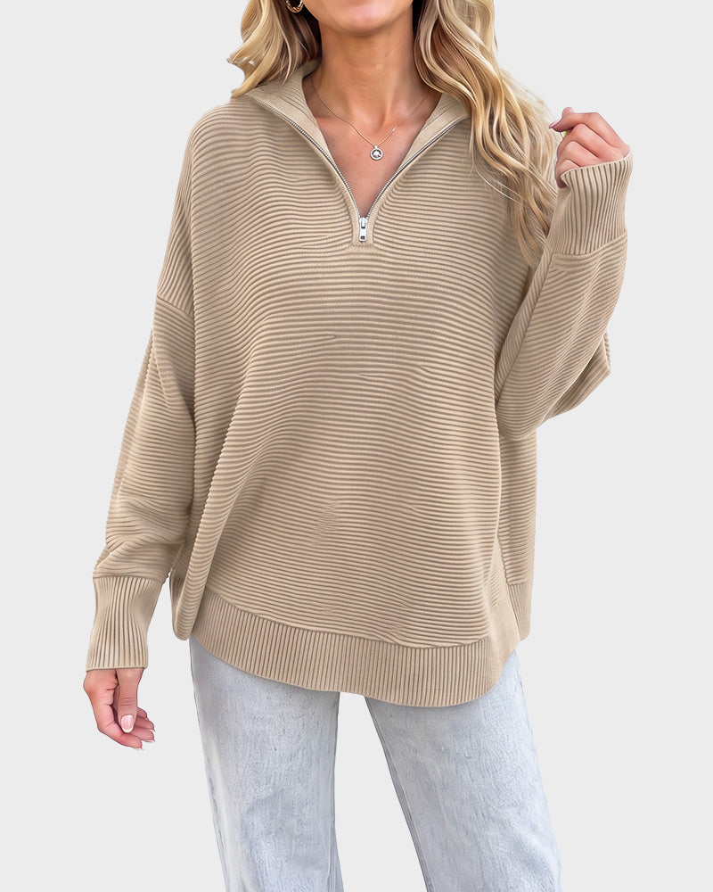 Ribbed Quarter-Zip Thumbhole Knit Pullover