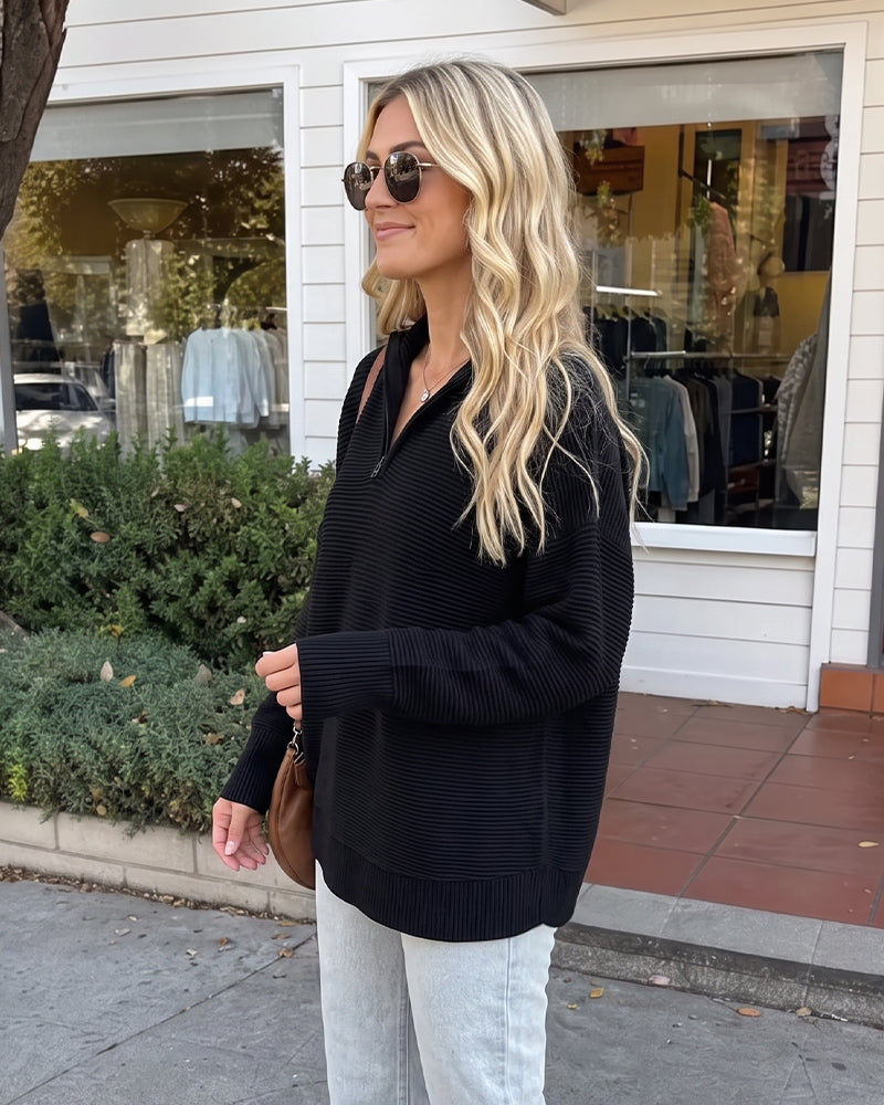 Ribbed Quarter-Zip Thumbhole Knit Pullover