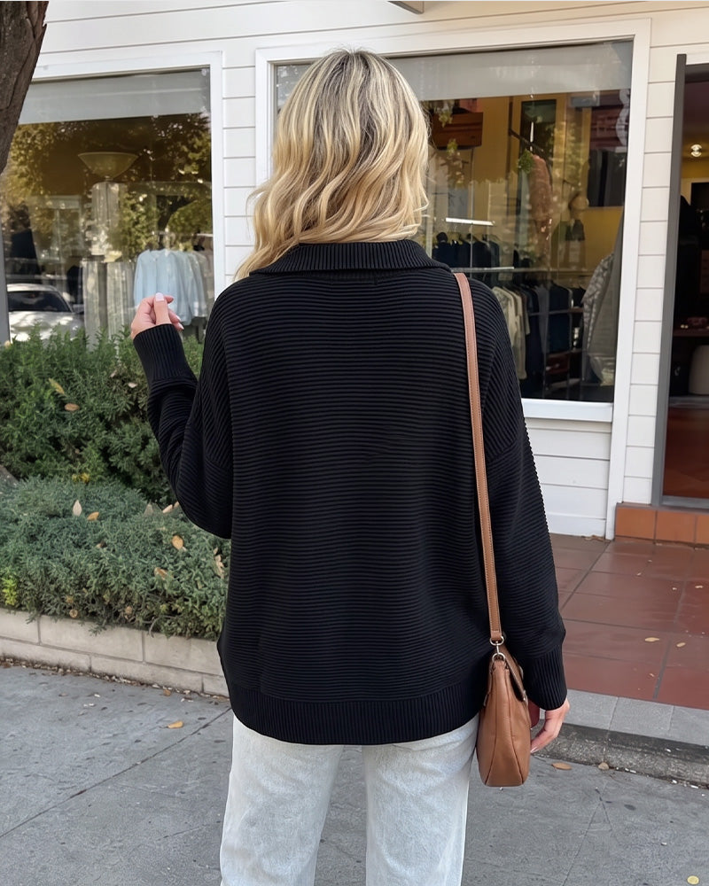 Ribbed Quarter-Zip Thumbhole Knit Pullover