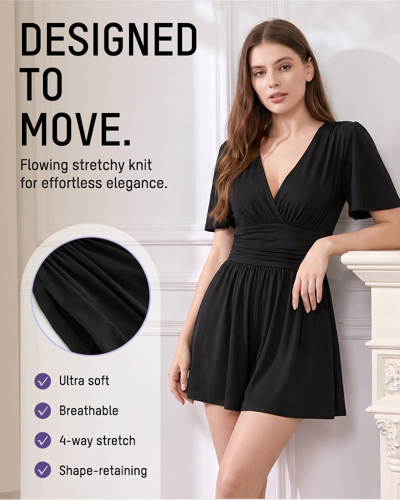 Ruched V-Neck Flutter-Sleeve Mini Dress