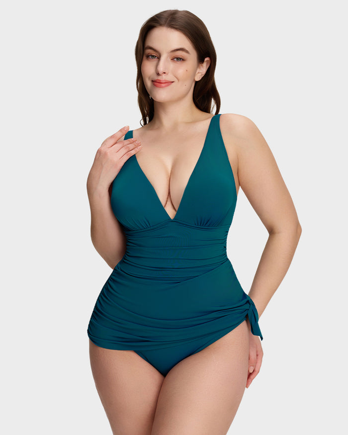 Ruched V-Neck Side Tie Slimming Swim Dress