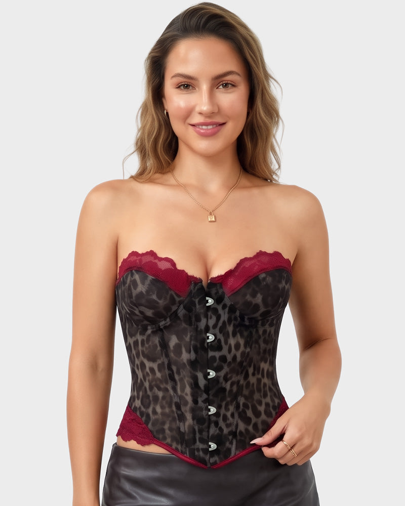 Sheer Mesh Lace-Trim Front-Hook Overbust Corset