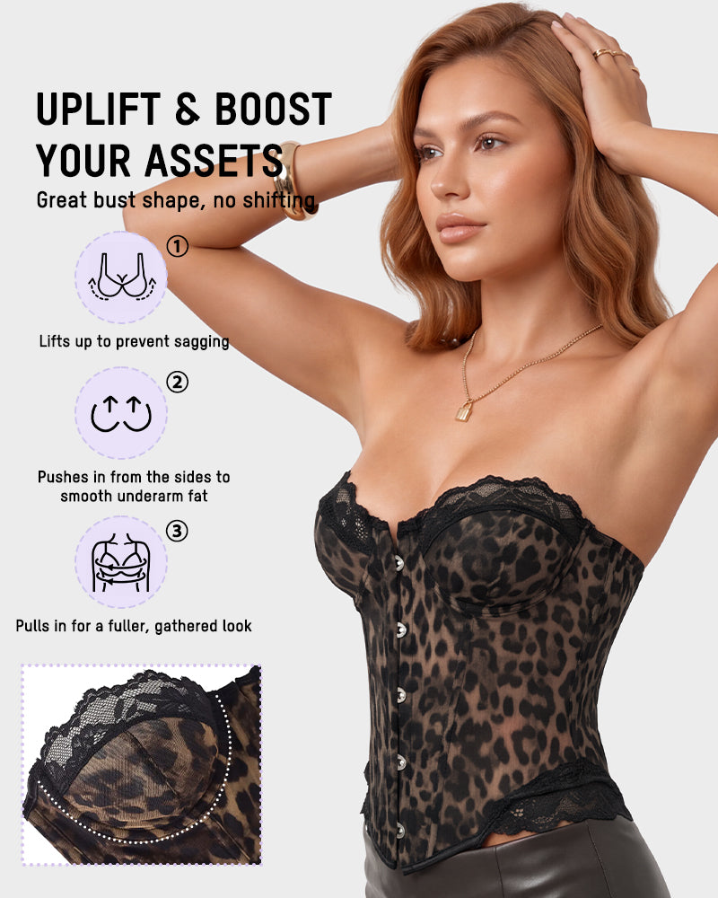 Sheer Mesh Lace-Trim Front-Hook Overbust Corset