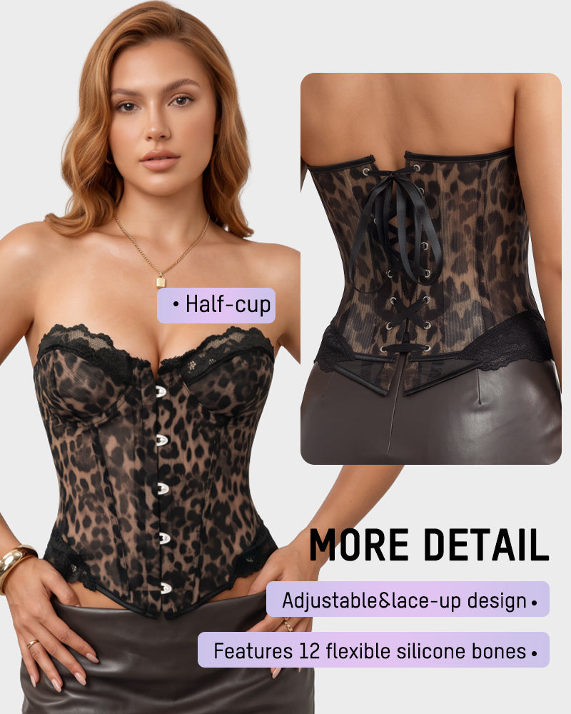 Sheer Mesh Lace-Trim Front-Hook Overbust Corset