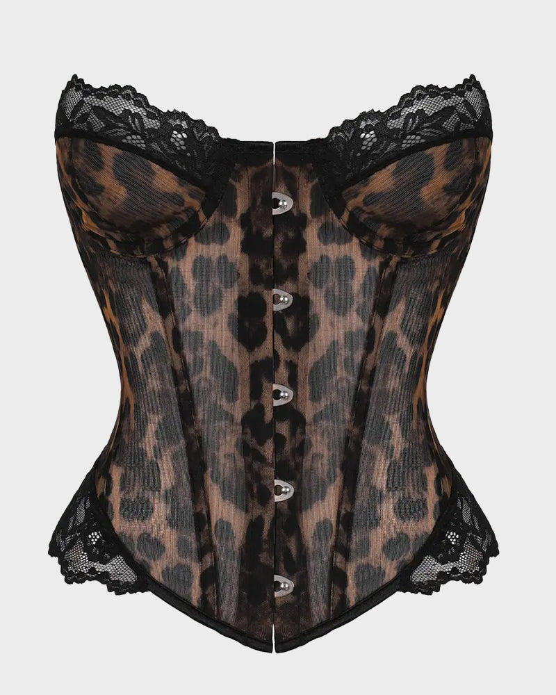 Sheer Mesh Lace-Trim Front-Hook Overbust Corset