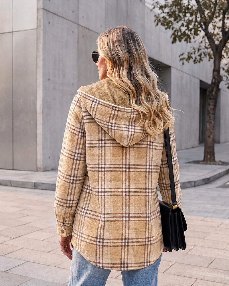 Sherpa-Lined Plaid Hooded Shacket