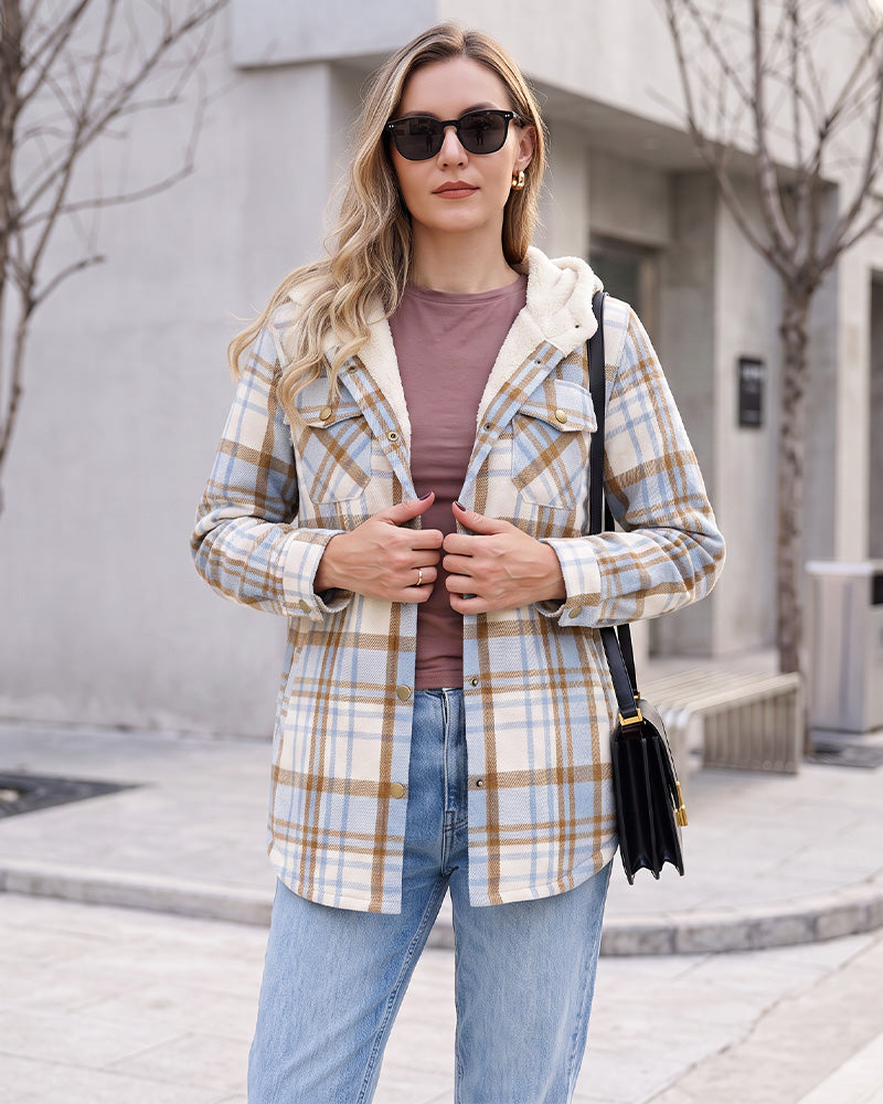 Sherpa-Lined Plaid Hooded Shacket