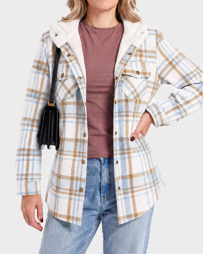 Sherpa-Lined Plaid Hooded Shacket