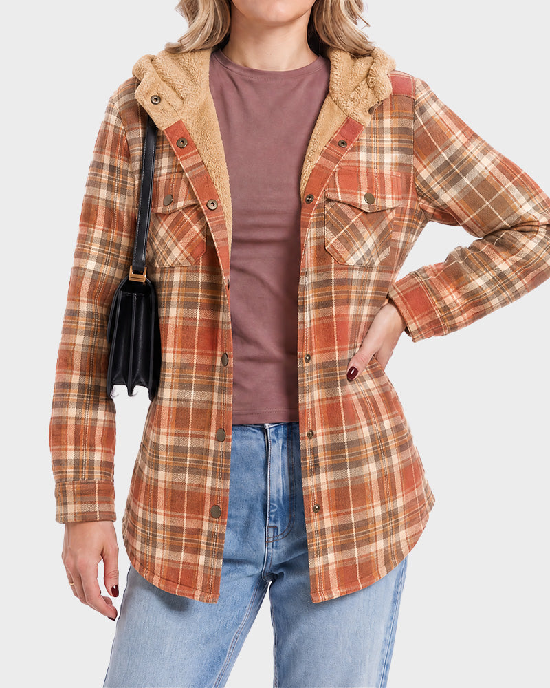 Sherpa-Lined Plaid Hooded Shacket