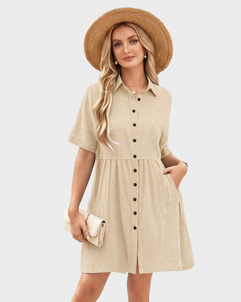 Short-Sleeve Button-Down Tiered Mini Shirt Dress
