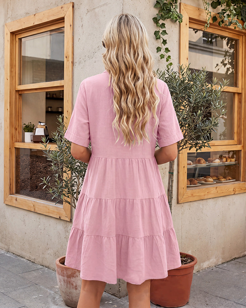 Short-Sleeve Button-Down Tiered Mini Shirt Dress