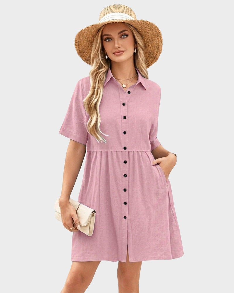 Short-Sleeve Button-Down Tiered Mini Shirt Dress