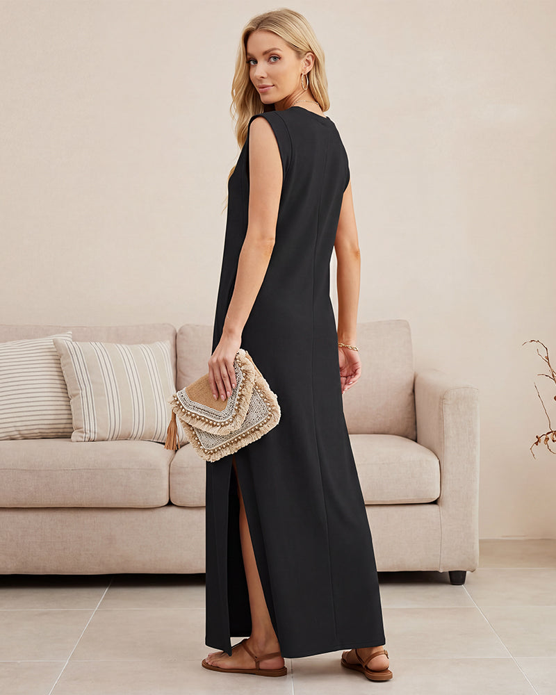 Sleeveless Side-Slit Maxi Dress with Pockets