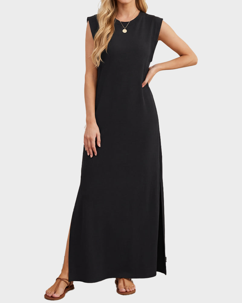 Sleeveless Side-Slit Maxi Dress with Pockets