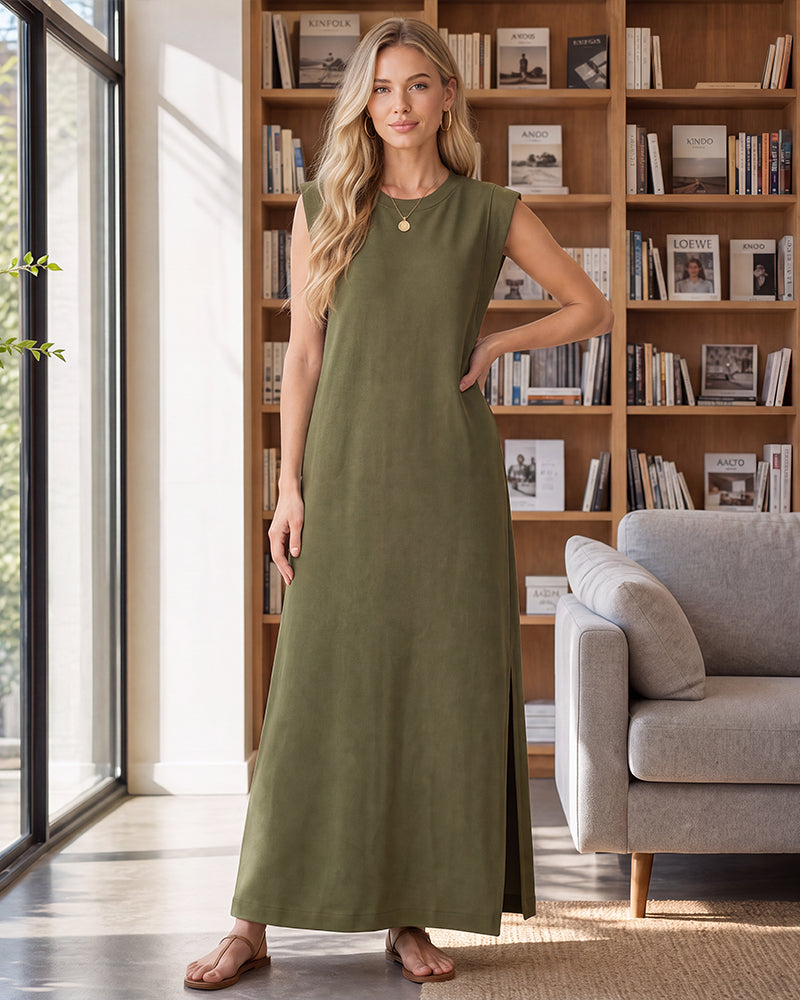 Sleeveless Side-Slit Maxi Dress with Pockets