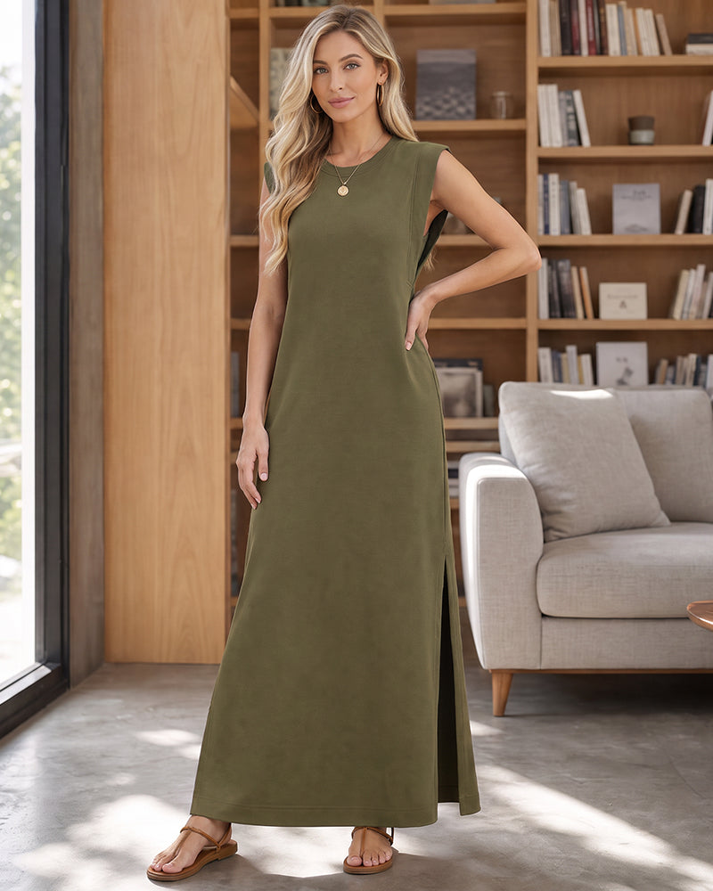 Sleeveless Side-Slit Maxi Dress with Pockets