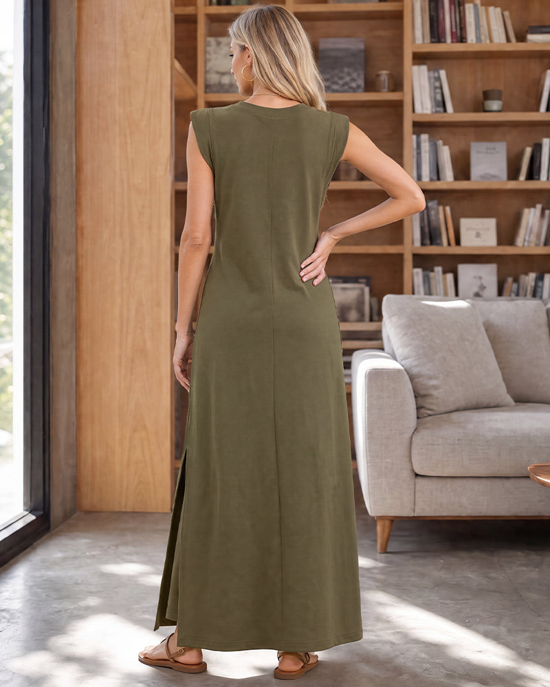 Sleeveless Side-Slit Maxi Dress with Pockets