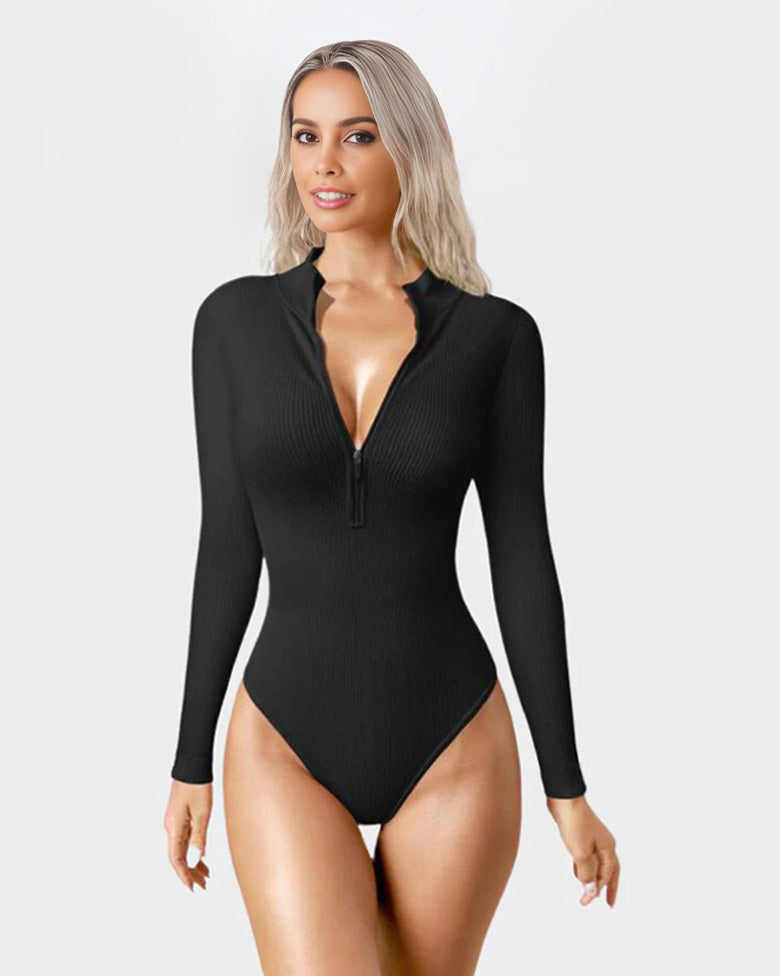 SheCurve® Snatched Waist Front Zipper Longsleeves Tops Bodysuit