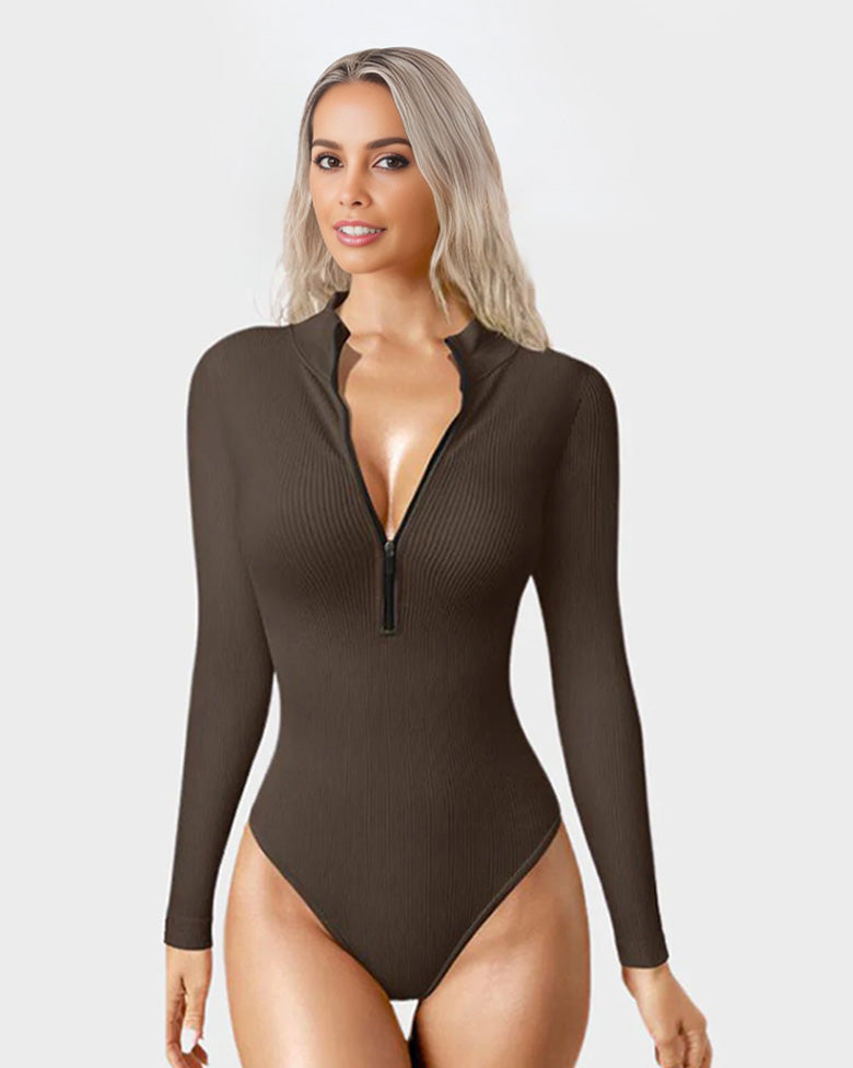 SheCurve® Snatched Waist Front Zipper Longsleeves Tops Bodysuit