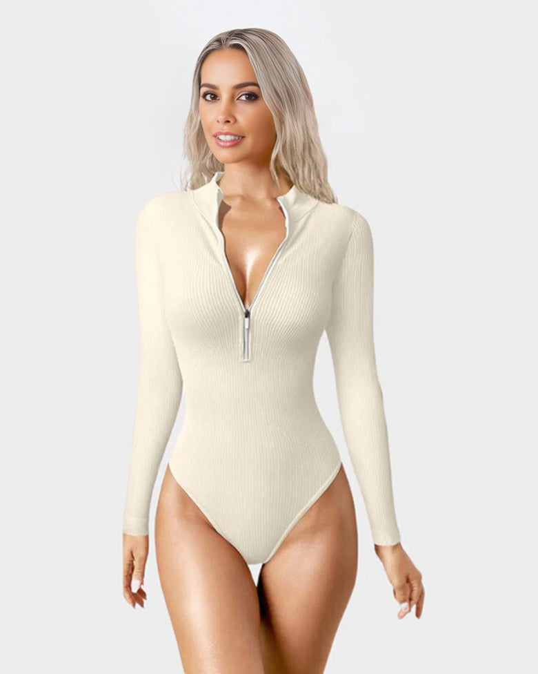 SheCurve® Snatched Waist Front Zipper Longsleeves Tops Bodysuit