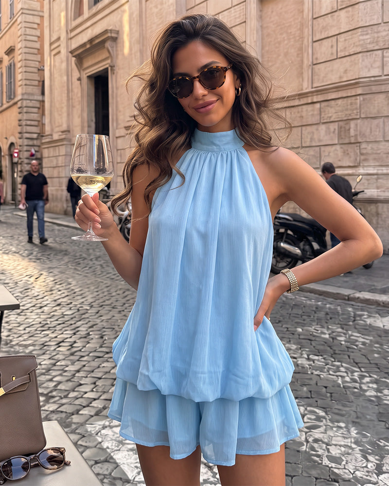 Solid Backless Halter Ruffle Dress