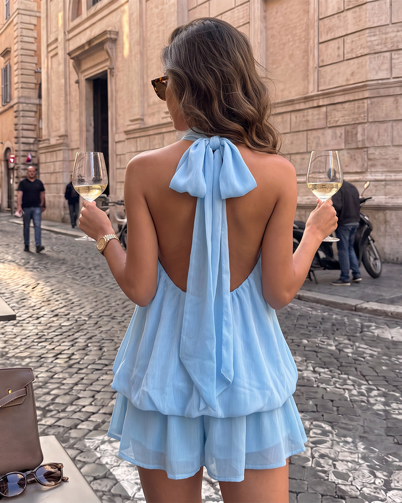 Solid Backless Halter Ruffle Dress
