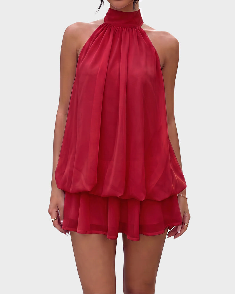 Solid Backless Halter Ruffle Dress