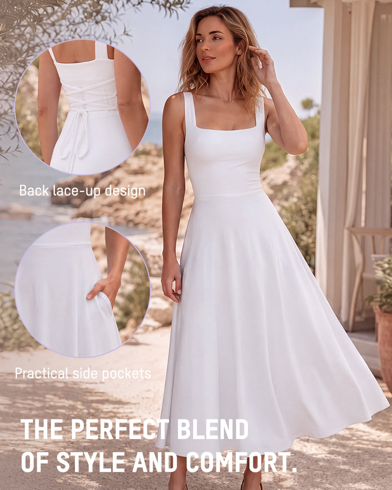 Square-Neck Back-Tie A-Line Midi Dress