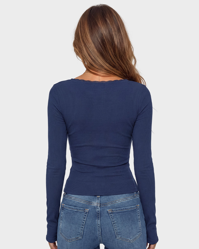 Square Neck Lace Trim Button Front Ribbed Knit Top