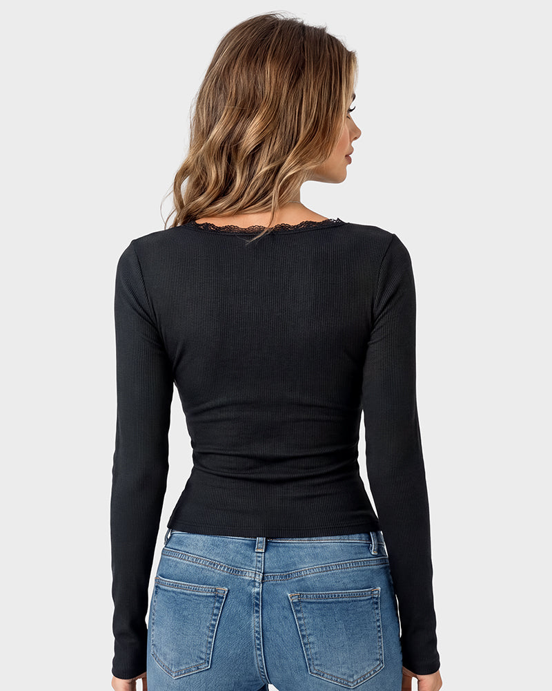 Square Neck Lace Trim Button Front Ribbed Knit Top