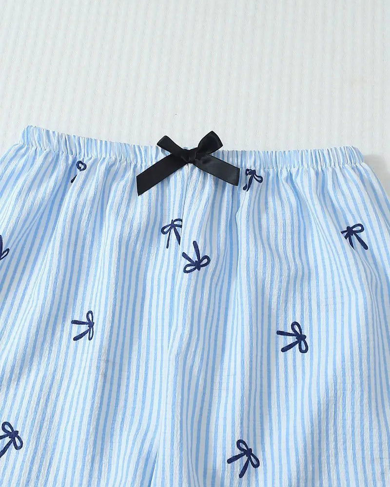 Striped Bow Print Long Sleeve Pajama Set