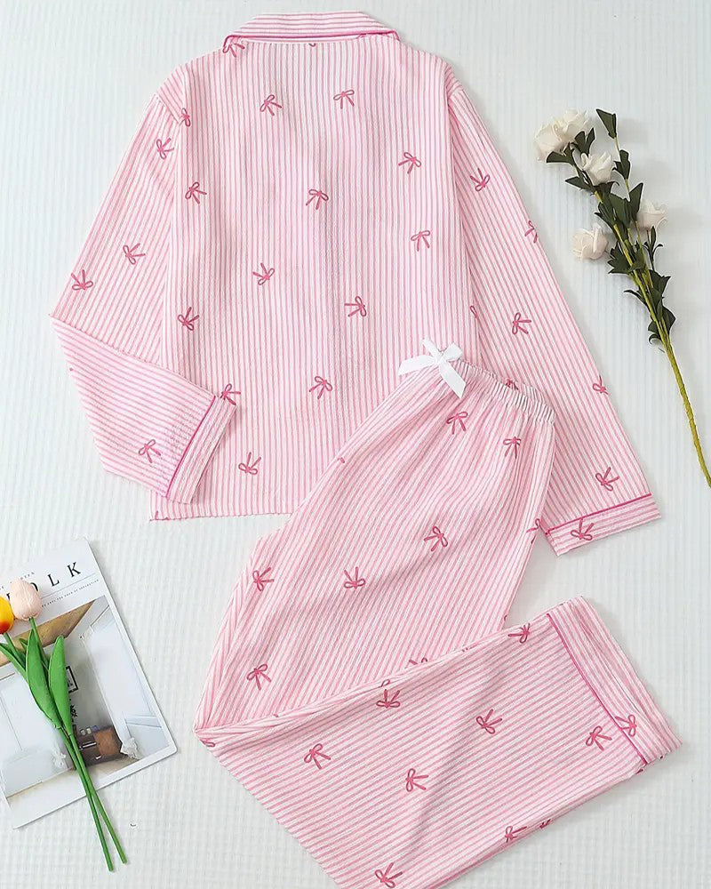 Striped Bow Print Long Sleeve Pajama Set