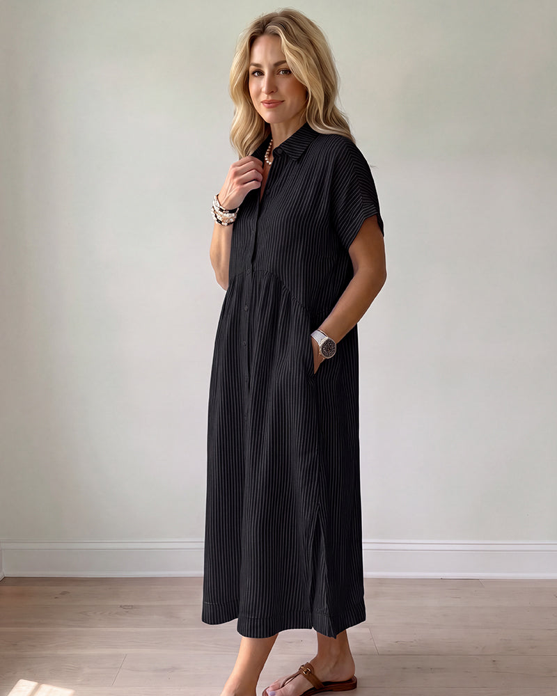 Striped Cotton Button-Front Midi Shirt Dress