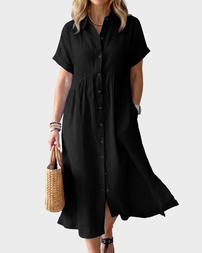 Striped Cotton Button-Front Midi Shirt Dress